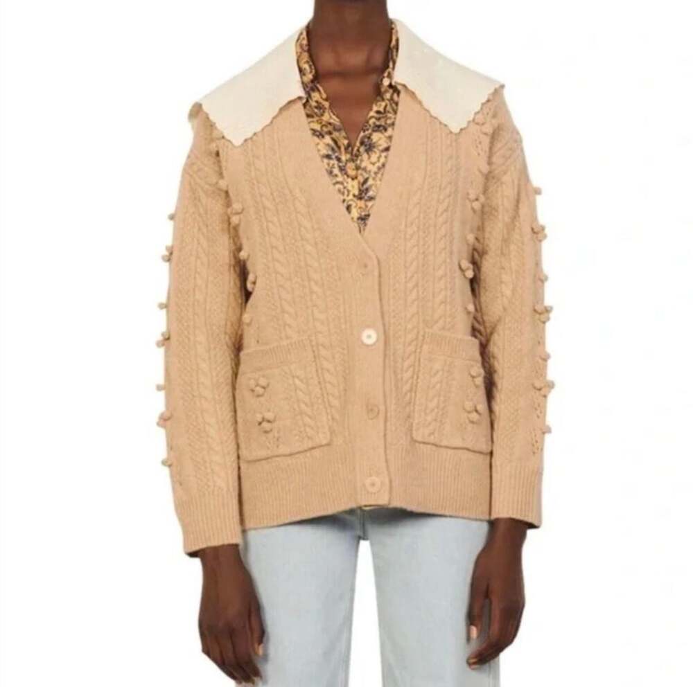 Sandro Paris Ingrid Wool Cardigan knit chunky Pom Pom 
sz 2(M)
